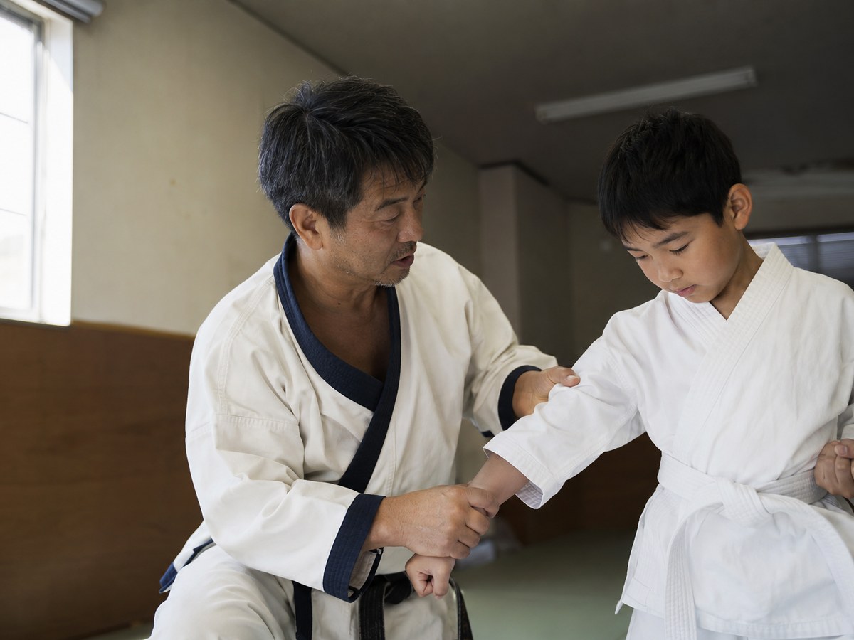 指導員が生徒に付き添って稽古をつけている様子